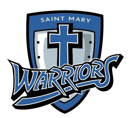 A blue and white logo of the saint mary warriors.